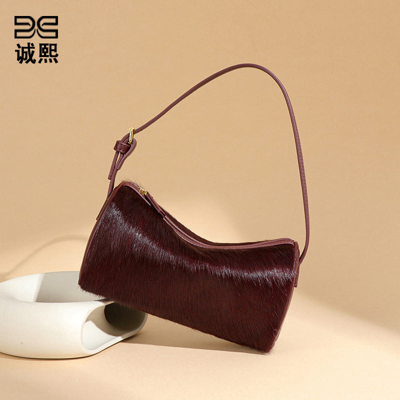 跨境真皮马毛豹纹手提女包高级感百搭单肩腋下包斜跨波士顿枕头包