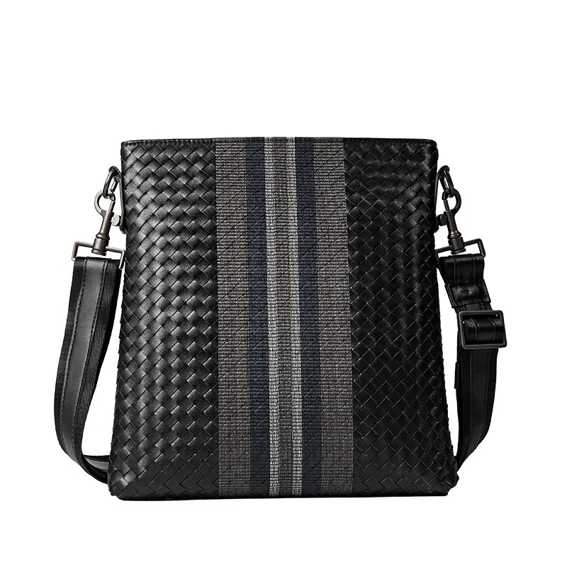 X&BV单肩包男真皮休闲男士斜挎包新潮竖款时尚牛皮编织男包小背包