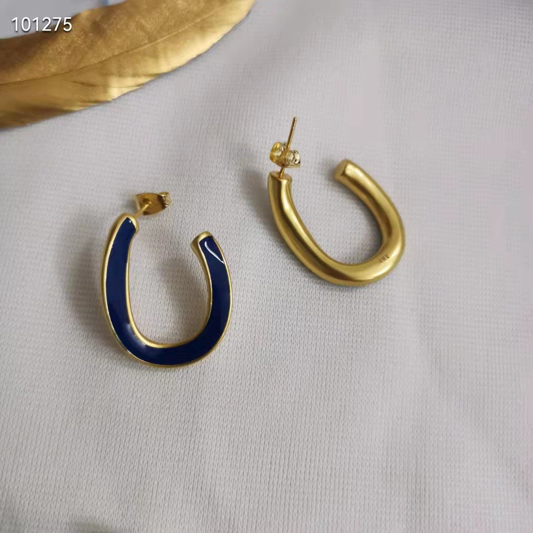 赛家21新款不规则U形耳钉女高级感气质CELI风铜镀金珐琅滴油耳环