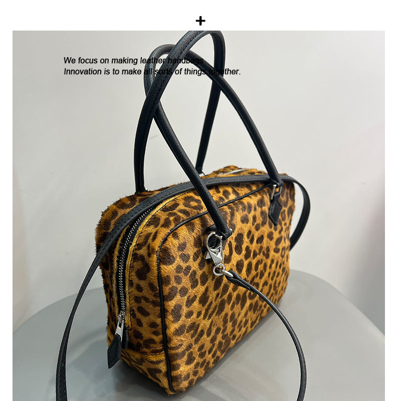 马毛豹纹手提包2024秋冬新款大容量锁扣单肩包通勤真皮牛皮斜挎包
