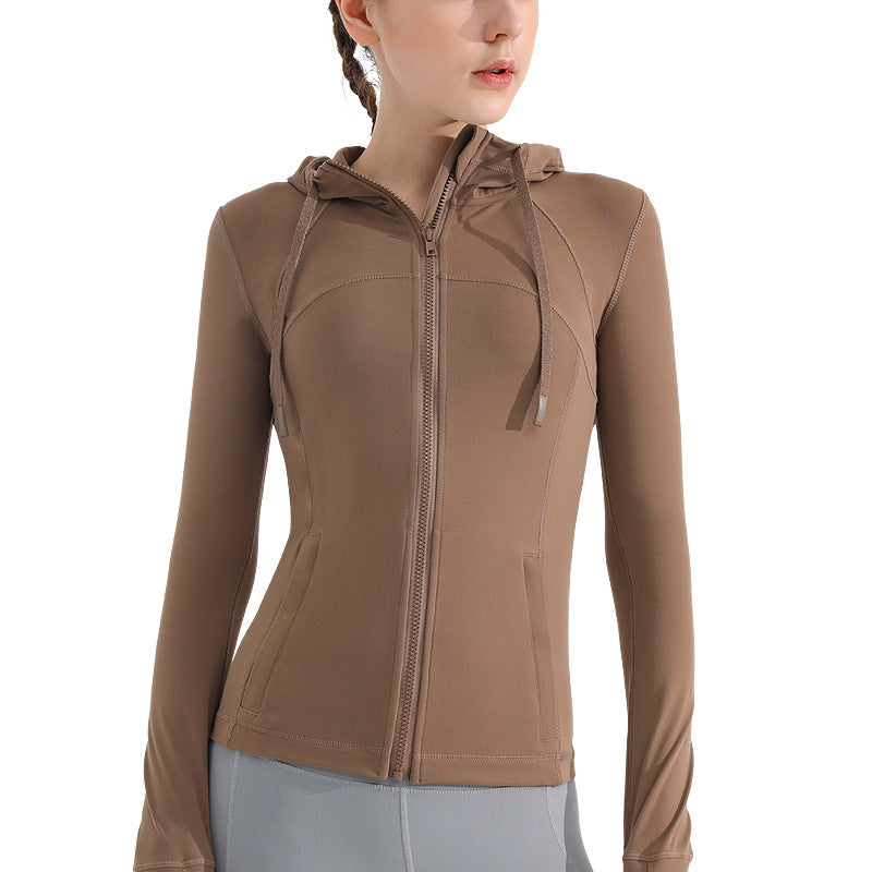 运动外套女上衣莱卡紧身高弹拉链跑步健身服透气连帽修身训练卫衣