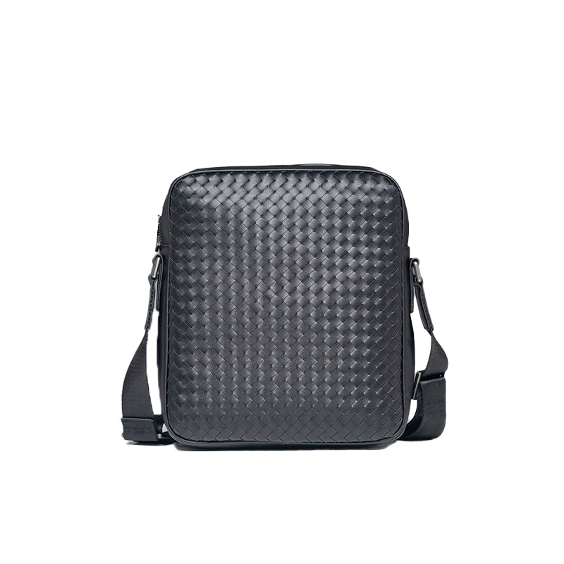 X&BV单肩包男真皮休闲时尚潮男小背包商务黑色编织平板男包斜挎包