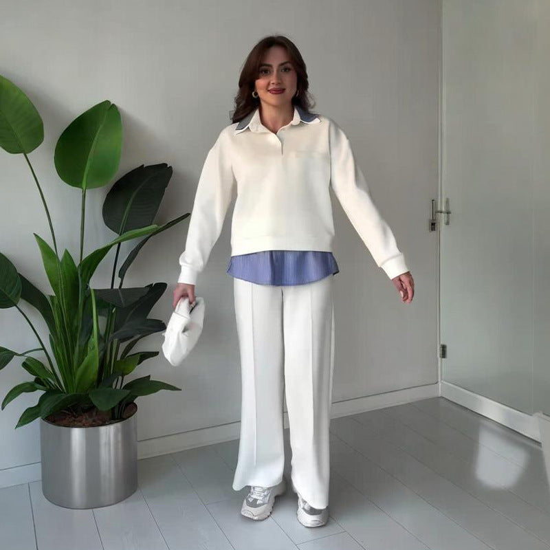 欧美亚马逊跨境外贸女装新款纯色长袖POLO领纽扣上衣直筒裤套装