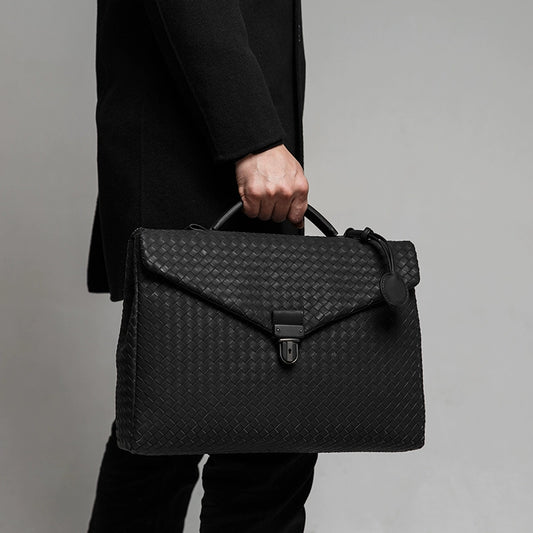 X&BV男士手提包商务翻盖公文包男真皮休闲牛皮编织男包手拎电脑包
