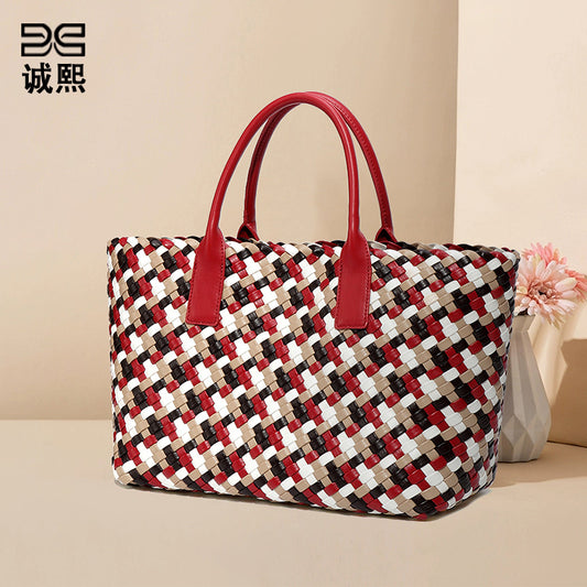 时尚欧美潮流彩色手工编织包大容量托特包手提女包个性百搭子母包