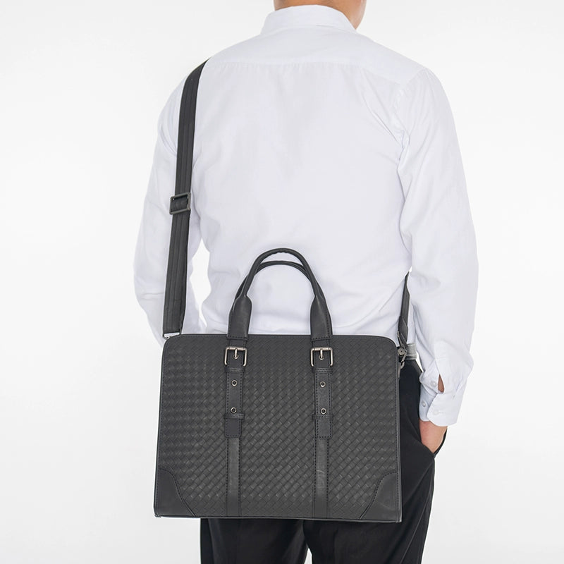 X&BV真皮公文包男商务男士包包编织休闲电脑包手提包男单肩斜挎包
