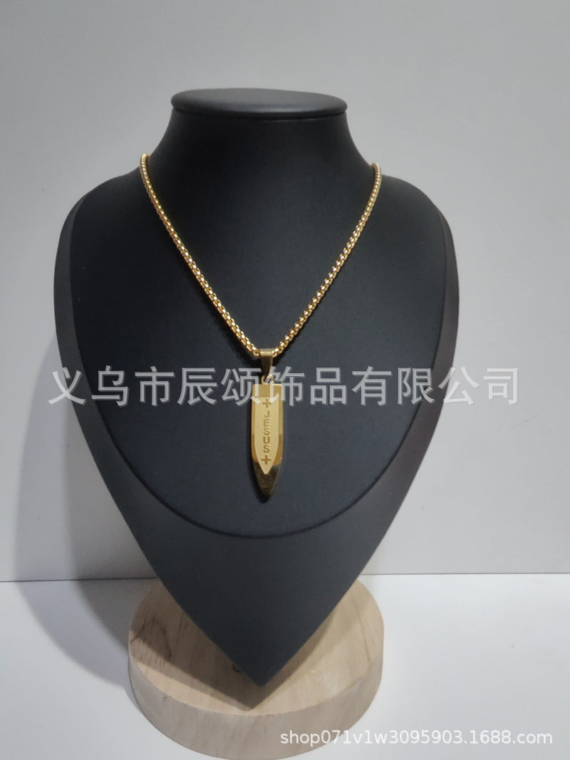 亚马逊热销不锈钢十字架吊坠男欧美潮流百搭18K金电镀子弹 头项链