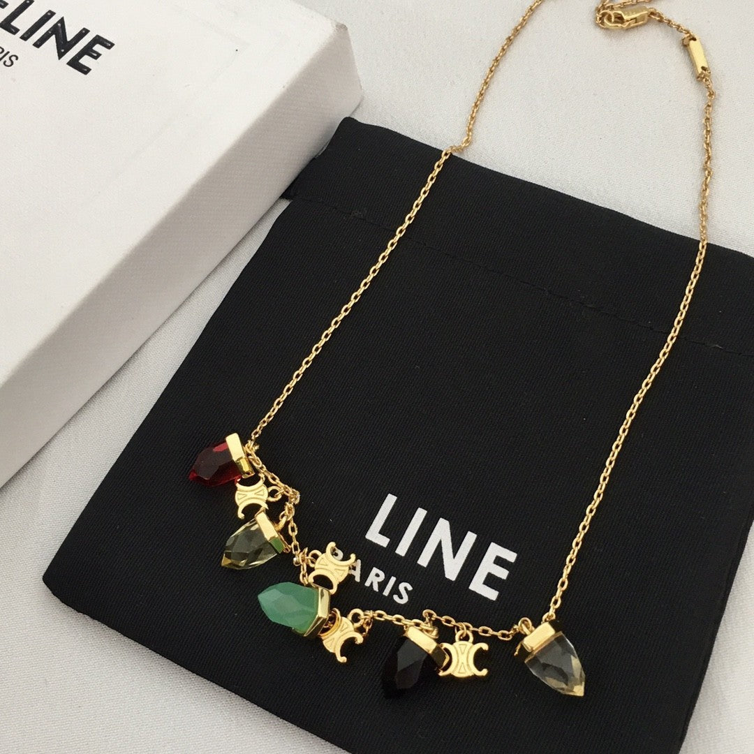 赛家新款彩色凯旋门琉璃项链女高级感个性气质黄铜镀金锁骨链