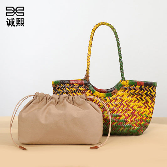 潮流定制彩色编织包时尚潮流菜篮子单肩腋下女包大容量手提子母包