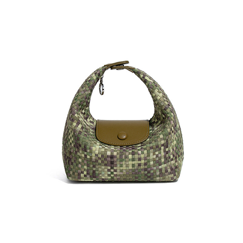 潮流新款拼接手拎饭盒包时尚手工编织女包休闲百搭小众单肩斜跨包