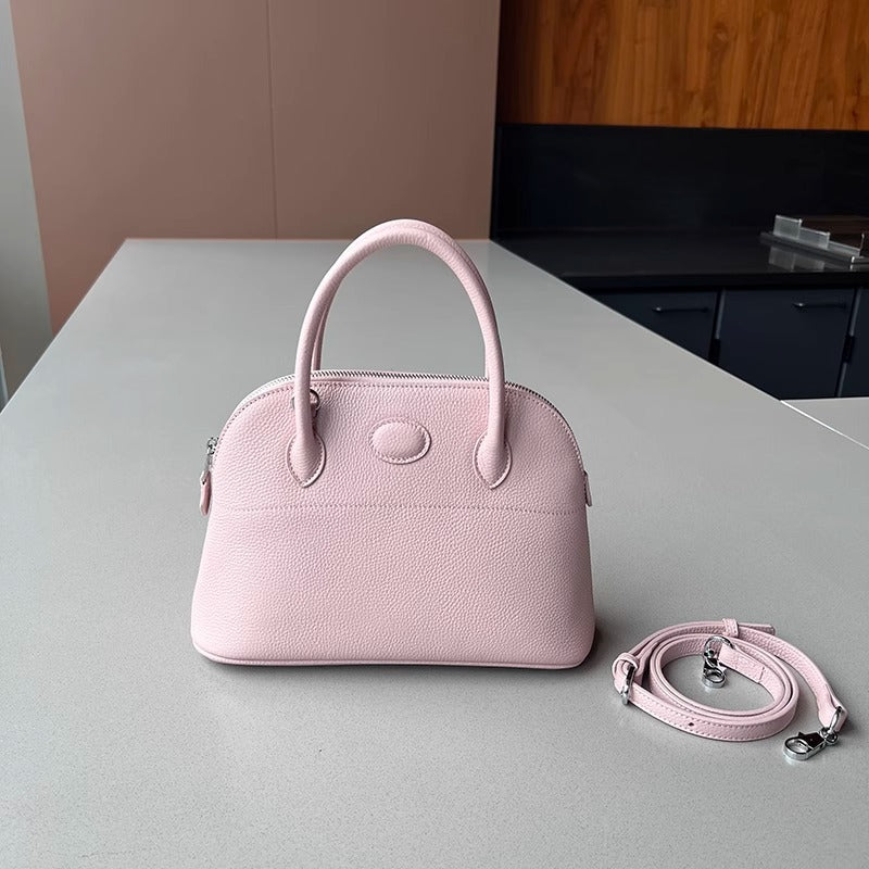 新款荔枝纹真皮贝壳包头层牛皮保龄球手提包拉链大容量通勤女包