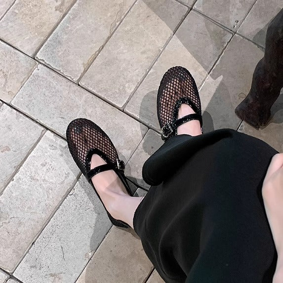 现货~真皮镂空网面凉鞋女夏季一字扣带圆头平底浅口玛丽珍单鞋