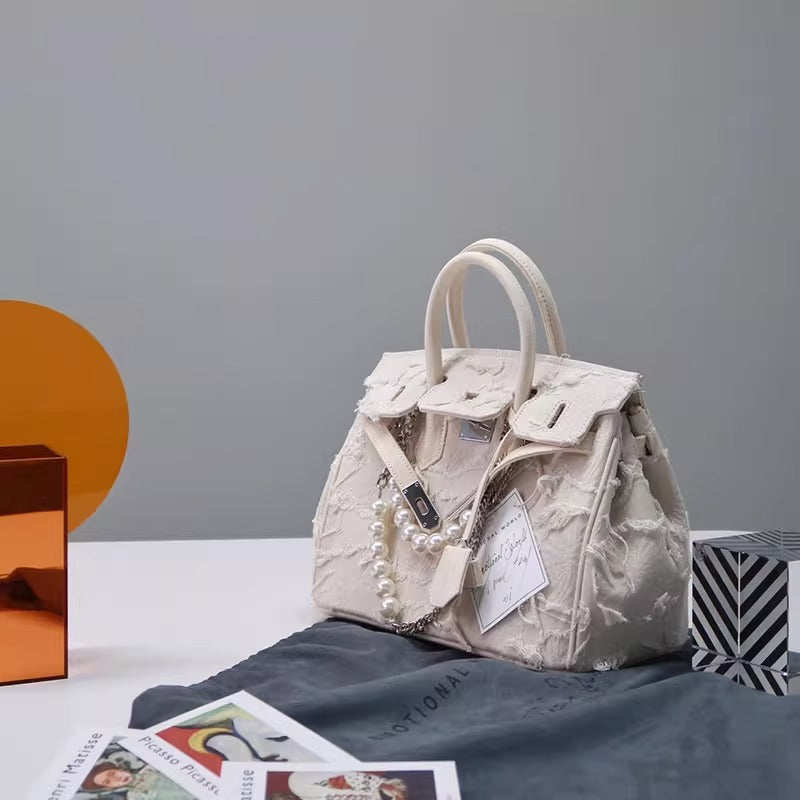 日韩潮包ins小众设计复古大容量链条串珠托特包牛仔布手提包包