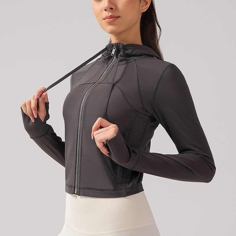 lulu防晒瑜伽服外套女士吸湿透气速干运动上衣网面短款连帽夹克