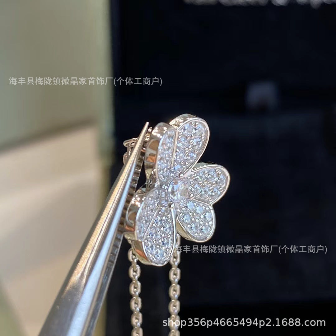 高版梵家幸运满钻三叶草项链女幸运草吊坠镀18K金工厂直销直播供