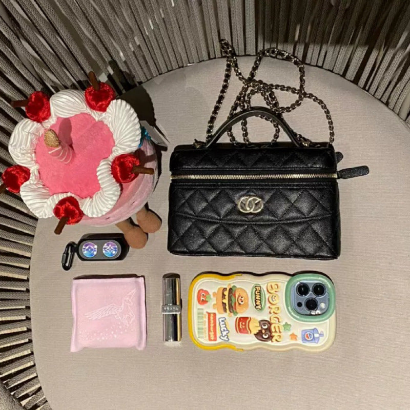 小香风25C春夏化妆盒子包牛皮菱格链条LP形手拿斜跨包新款潮流