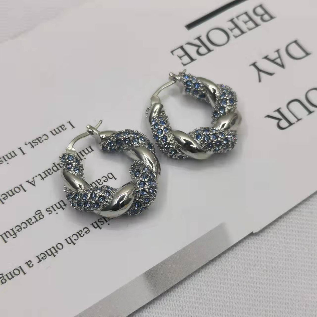 BV家21新款麻花绿钻蓝钻耳环女高级感气质几何形微镶满钻扭扭耳扣