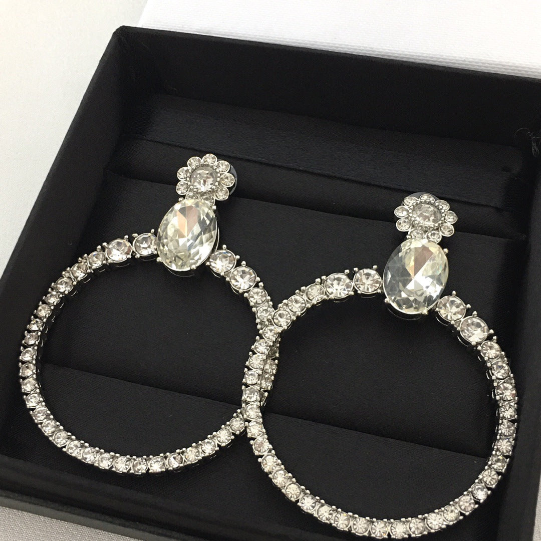缪家新款太阳花水晶满钻大耳圈耳坠花朵水钻圆圈耳钉女时尚欧美