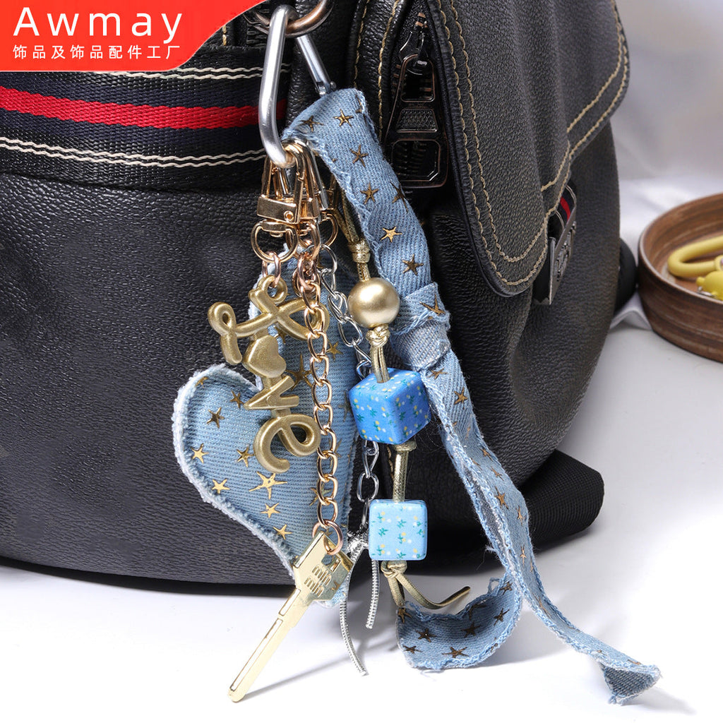 miu系包挂高级感秋冬挂件美德拉风银色桃心创意牛仔布编绳挂饰