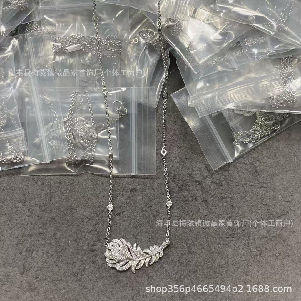 高版宝诗家满钻羽毛项链S925银镀18K金厂家直销精工CNC网红同款