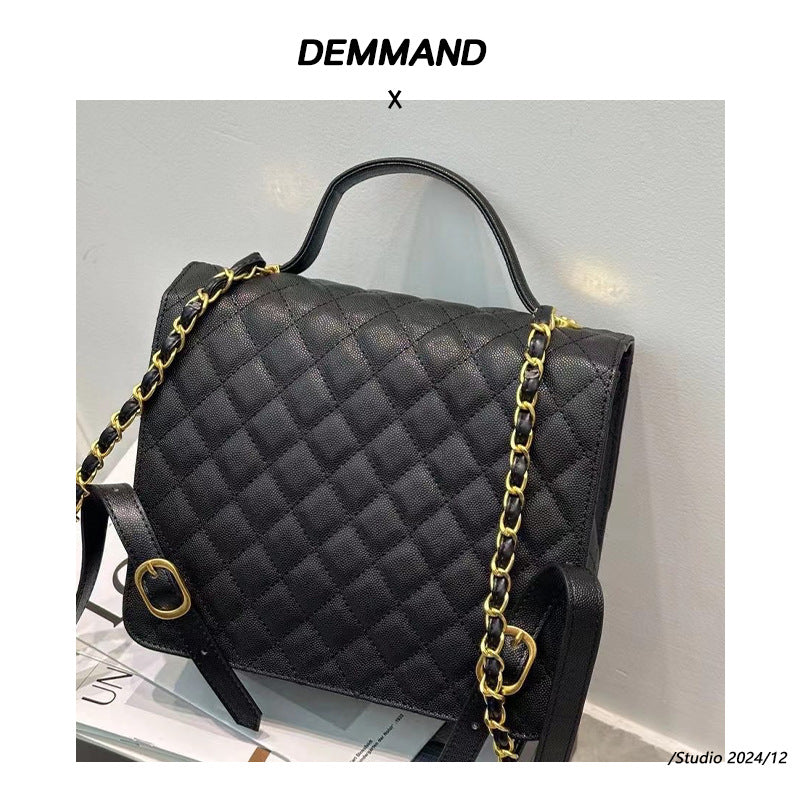 女包新款英伦时尚高级感鱼子酱双肩包菱格链条单肩大容量漆皮背包