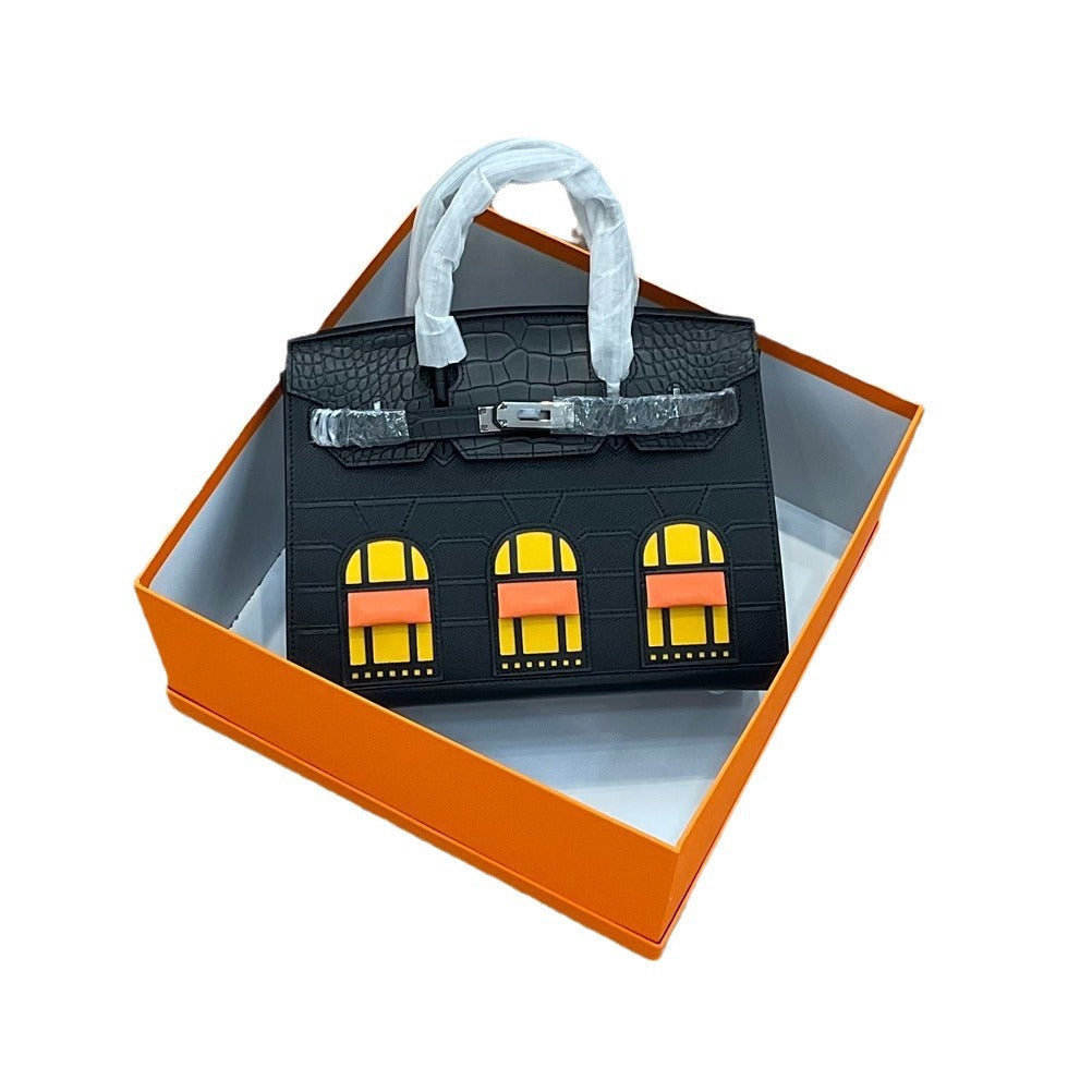 2024真皮手掌纹拼鳄鱼纹牛皮小房子包铂金包时尚拼色手提斜跨女包