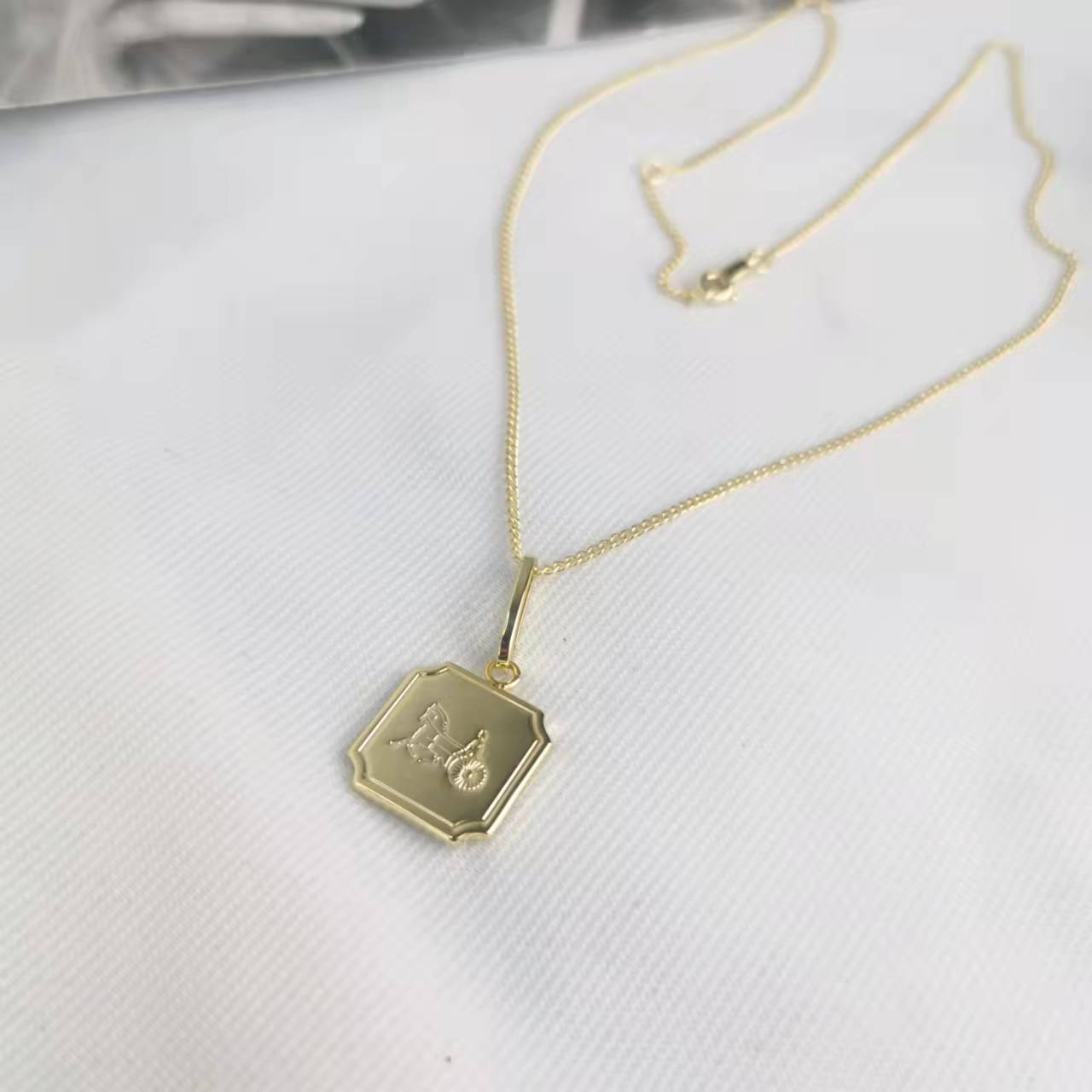 赛家22新款油压马车铭牌项链女气质光面镀金方牌锁骨链celi风颈链