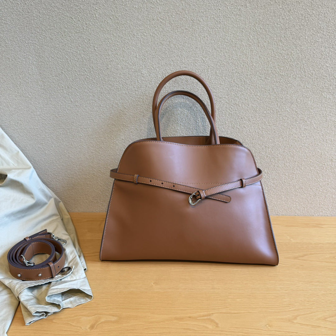 头层牛皮皮带装饰托特包大容量单肩手提包高级慵懒感马鞍包包女