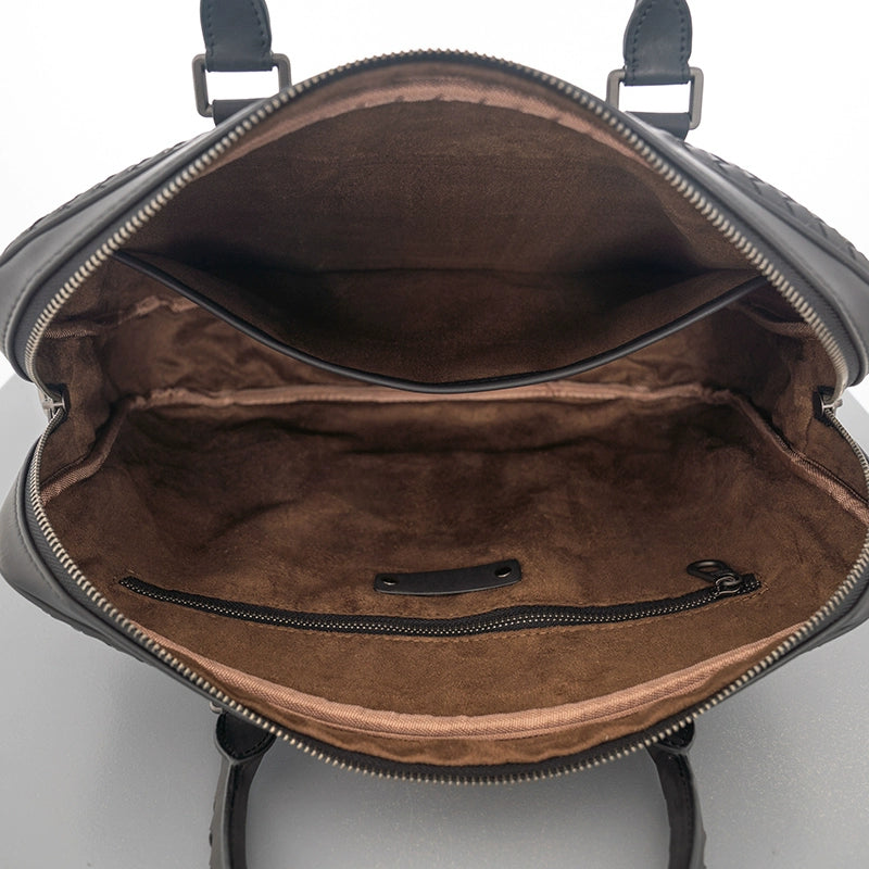 X&BV公文包男真皮横款大容量编织潮商务休闲单肩斜挎包男士手提包