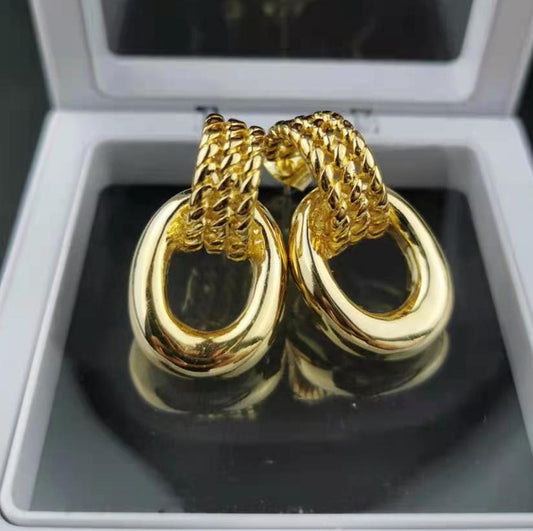 赛家新款耳环马蹄扣中古高级感半圆形椭圆金属耳圈链条编织耳钉