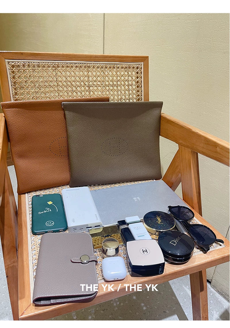 H家荔枝纹收纳包大容量软牛皮化妆包内胆包h手拿包口红零钱包中包