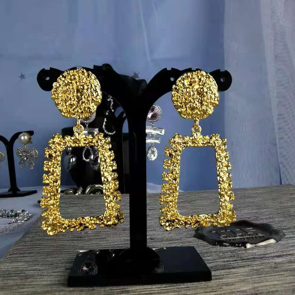 赛家新款耳环女大方框欧美时髦夸张高级磨砂耳坠气质复古大脸耳钉