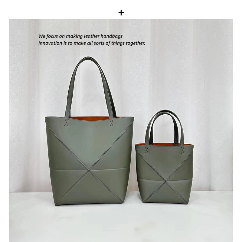 小众新款真皮折叠托特包时尚大容量简约休闲单肩斜挎手提水桶包女