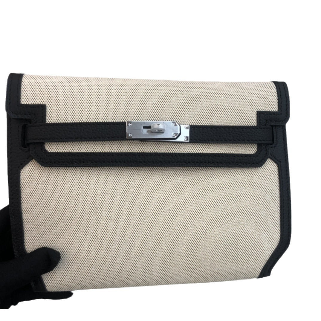 欧美时尚帆布配牛皮凯莉包2024秋冬新款单肩斜挎撞色气质小方包女