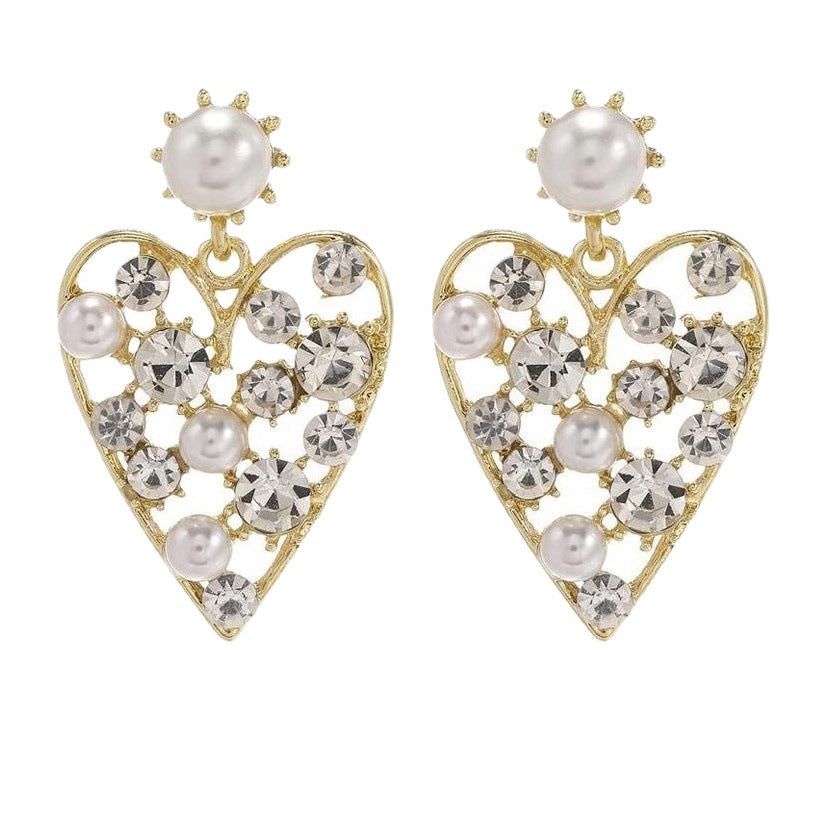 赛家耳环爱心镂空满钻珍珠珍珠水晶闪闪时尚气质欧美心形耳钉女