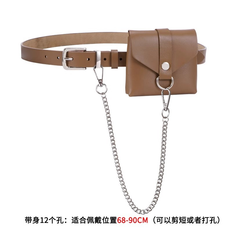 腰包腰带女高级感链条真皮装饰大衣配连衣裙子西装朋克小皮带黑色
