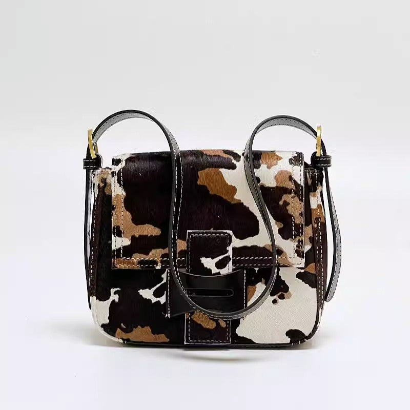 Get格纹头层马毛拼油蜡牛皮时髦又飒飒单肩女磨砂皮复古邮差包包