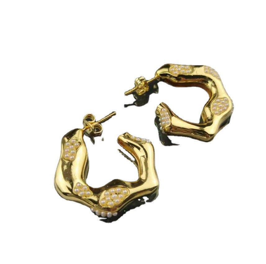 CELI赛家不规则波浪形耳环微镶珍珠粒耳坠耳钉女撞色耳饰镀真金