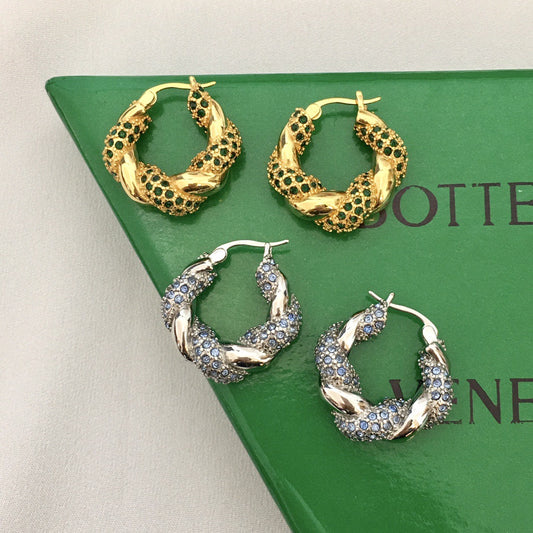 BV家21新款麻花绿钻蓝钻耳环女高级感气质几何形微镶满钻扭扭耳扣