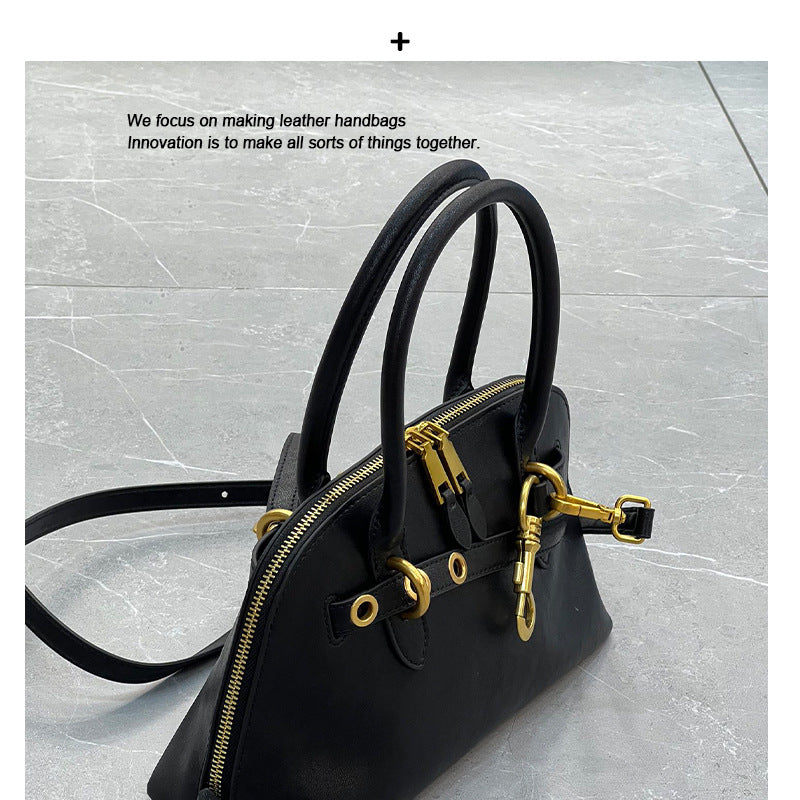 植鞣皮复古贝壳包女手提保龄球包包高级感真牛皮单肩斜挎波士顿包