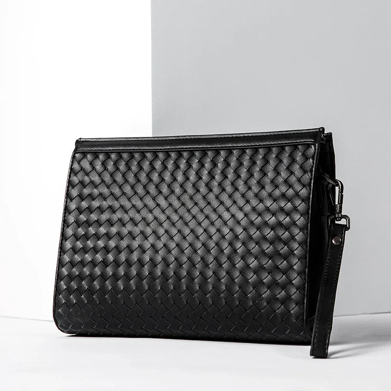 X&BV手拿包男真皮大容量商务休闲牛皮编织信封男包洗漱包男士手包