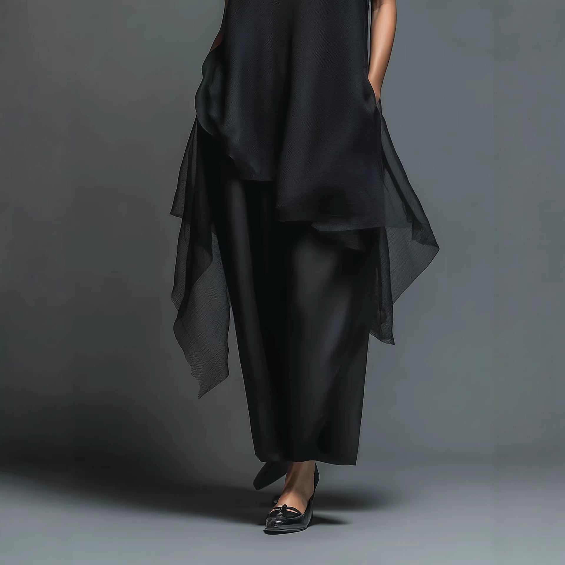 2026欧美新款黑色高领不规则黑色吊带雪纺两件套