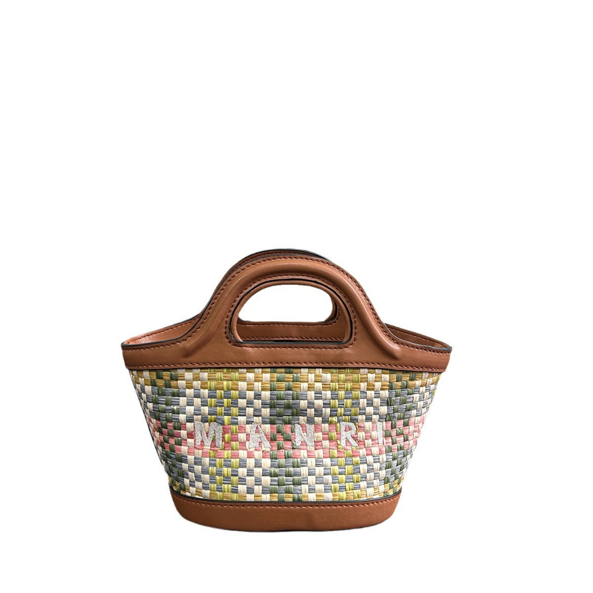 春夏小众沙滩草编拼牛皮波点菜篮子包休闲百搭单肩斜跨手提水桶包