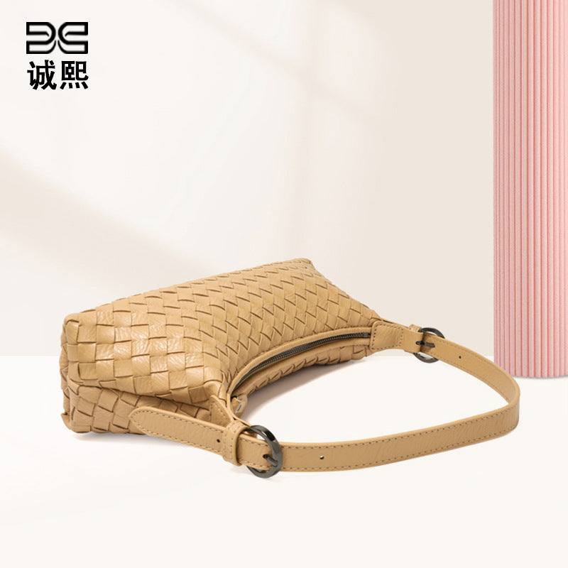 简约百搭手工编织包纯色单肩腋下包时尚潮流法棍包女士斜跨饺子包