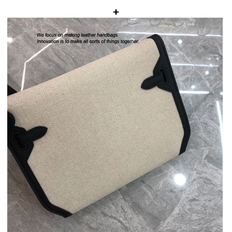 欧美时尚帆布配牛皮凯莉包2024秋冬新款单肩斜挎撞色气质小方包女