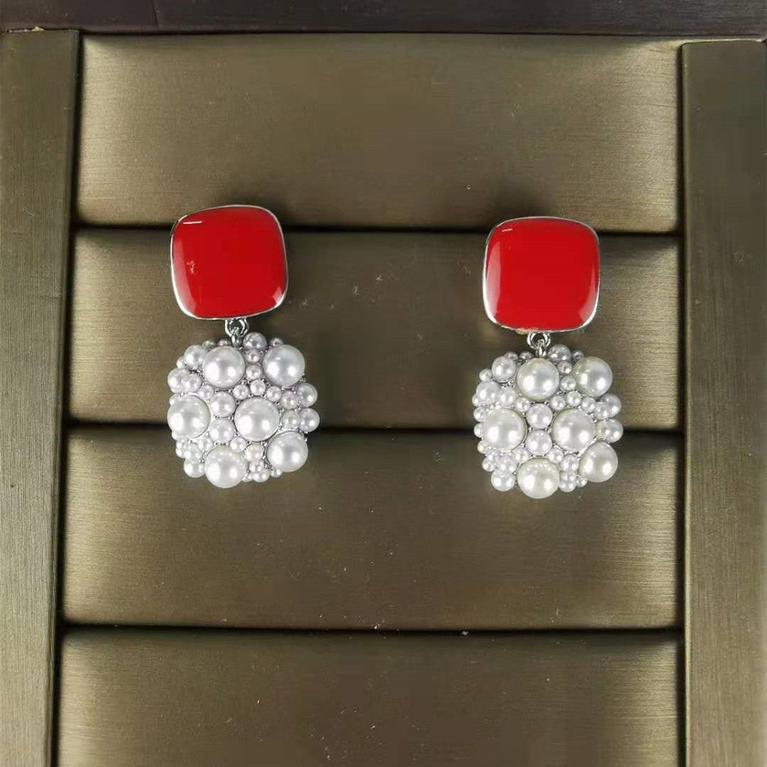 赛林家2021年新款耳环韩国气质感轻奢高级感镶钻珍珠方形耳钉女