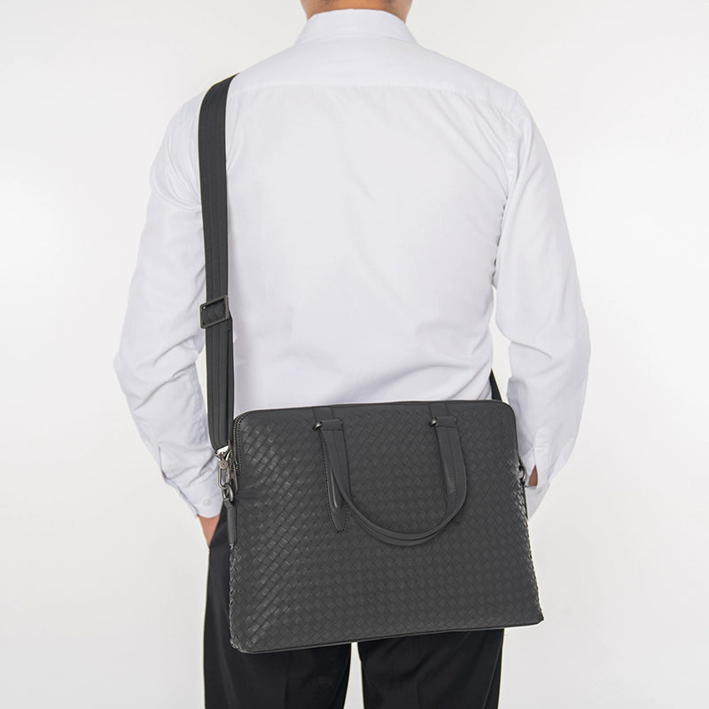 X&BV公文包男商务简约大容量男士包包编织真皮男包单肩包手提包潮