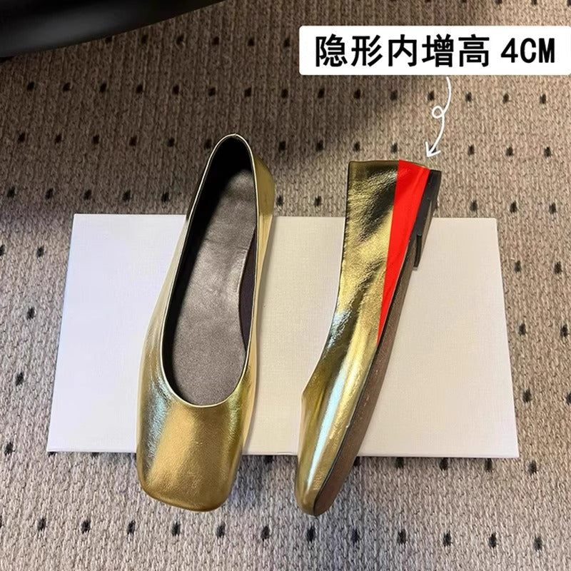 羊皮版~row风金色方头浅口内增高奶奶鞋玛丽珍单鞋女平底女鞋子