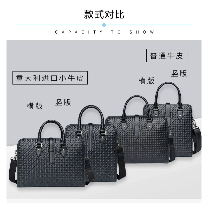 x&bv男包手提包真皮商务公文包电脑包编织头层牛皮单肩斜挎包拎包