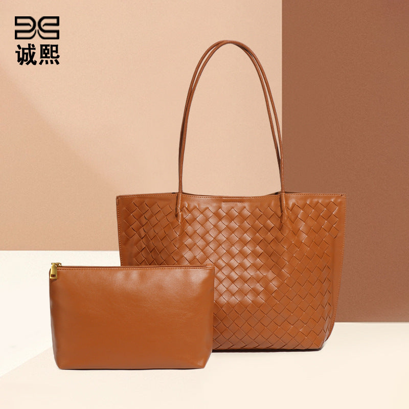 跨境大容量手提托特包秋冬新款子母手工编织包复古潮流单肩腋下包